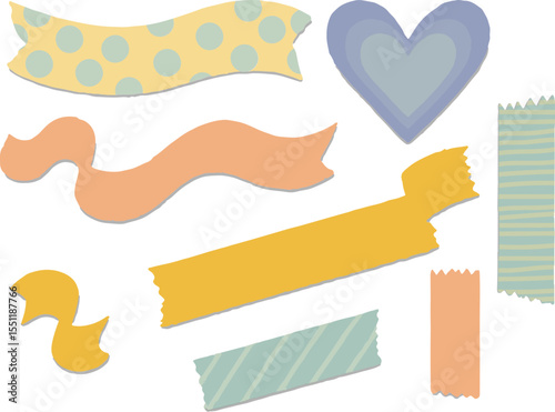 Washi tape vector set, collection of cute masking tape stickers with torn edges for scrapbooking and journaling, decorative elements with polka dot and striped patterns.