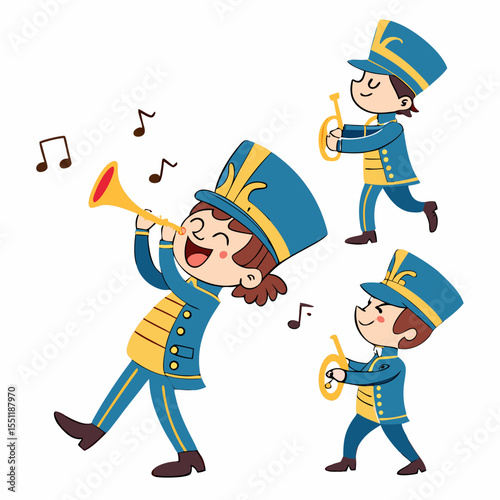 Cartoon musicians parade: festive children playing trumpets in whimsical illustration