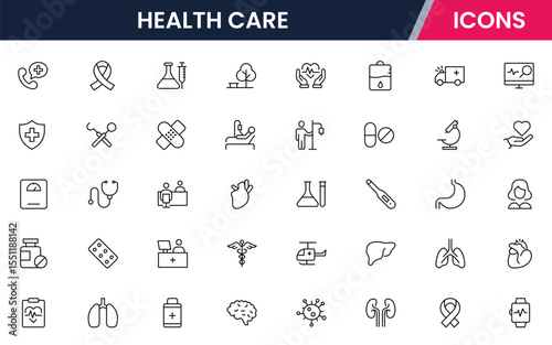 Vector line icons of medical tools, hospitals, doctors, health records, wellness, diagnosis, treatment, and care perfect for apps and websites.