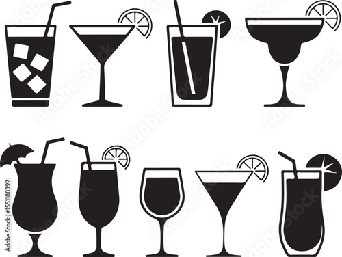 black cocktail silhouette set for party themes, bar decor, and vector graphic designs with a festive vibe