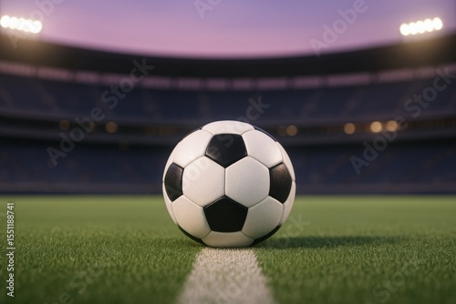 Soccer ball on field under stadium lights at dusk with empty bleachers in background