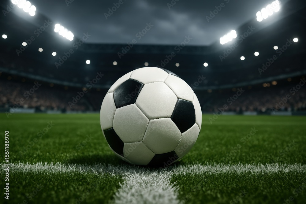 Fototapeta premium Soccer ball on grass pitch under stadium floodlights with blurred cheering crowd in background