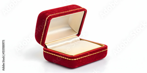 Small red velvet jewelry box slightly open on pure white background