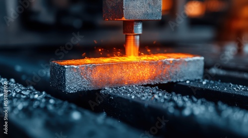 An intense shot showcasing metal being forged in a workshop, capturing the bright orange glow of molten metal and the sparks flying, representing hard work and craftsmanship.