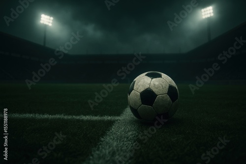 Floodlit soccer stadium at night with ball on marked field corner