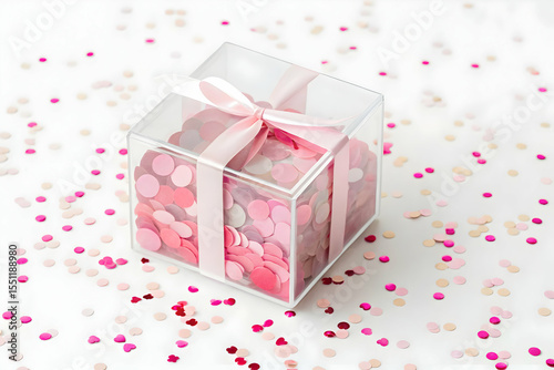 Transparent plastic gift box filled with pink confetti on white backdrop
