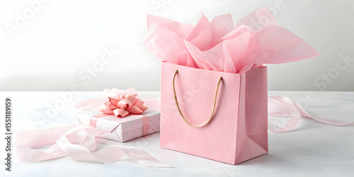 Mini pink gift bag with tissue paper on white isolated surface