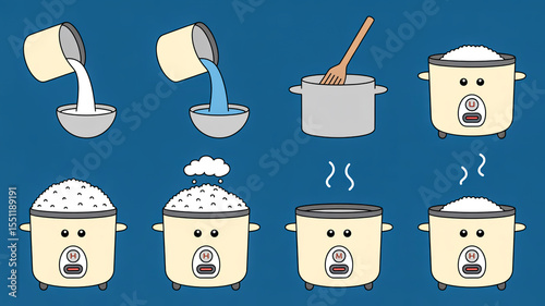 A cartoon illustration of a rice cooker cooking process in 9 steps against a dark blue background.