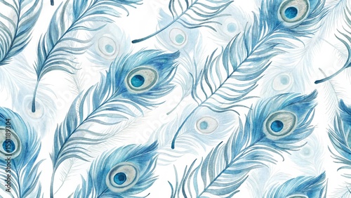 Watercolor Seamless Pattern with Delicate Blue Peacock Feathers on White Background