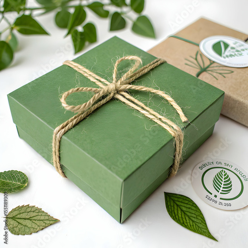 Mini green eco friendly gift box with hemp cord on white