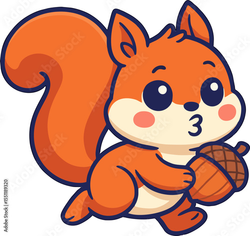 cute cartoon squirrel holding acorn with big tail and rosy cheeks for kids vector forest animal illustration