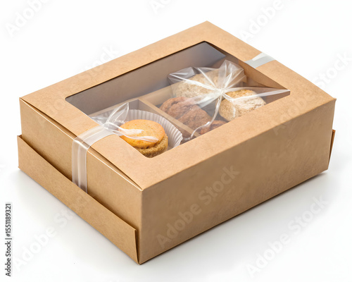 Kraft box with window display and clear cellophane on white background