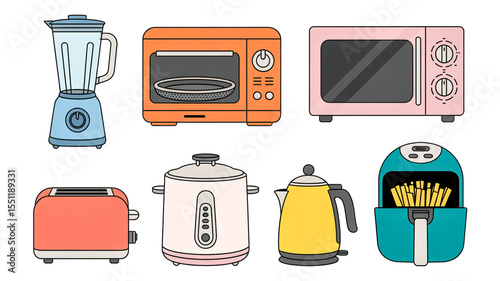 A flat, minimalist illustration of eight kitchen appliances arranged in two rows against a white background .