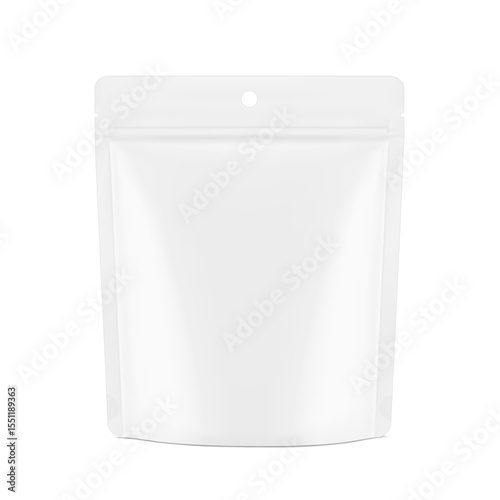 Realistic stand up pouch bag with hole slot mockup. Front view. Vector illustration isolated on white background. Ready for your design. EPS10.
