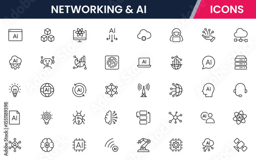 Vector illustration web line icon collection for networking & AI, connections, neural networks, data, and tech symbols in a sleek, modern, innovative design style.