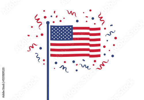 Handheld USA flag with colorful festive confetti explosion isolated on a white transparent background
