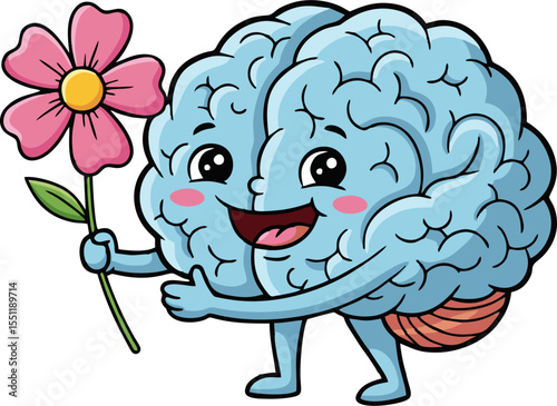 Cartoon Brain Character Holding Pink Flower with Happy Expression and Arms Out