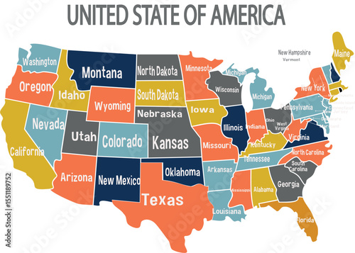 Detailed Colorful Map of the United States of America with State Names