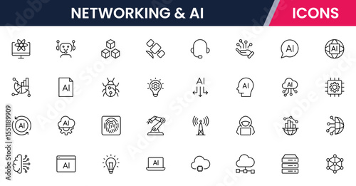 Vector illustration web line icon collection for networking & AI, connections, neural networks, data, and tech symbols in a sleek, modern, innovative design style.