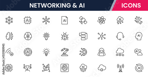 Vector illustration web line icon collection for networking & AI, connections, neural networks, data, and tech symbols in a sleek, modern, innovative design style.