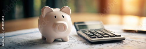 Budget Planning With a Calculator and Piggy Bank Under Soft Gradient Light for Effective Financial Management