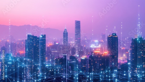 Wallpaper Mural Cityscape at twilight, illuminated with a network of light lines Torontodigital.ca