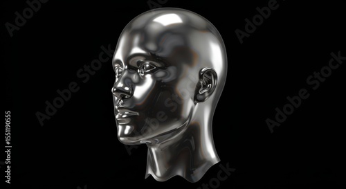 Reflective Chrome Humanoid Head Sculpture on a Dark Backdrop Showing Reflections