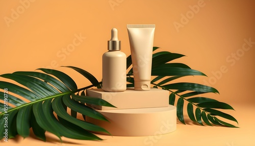 Elegant skincare products displayed on a minimalist beige platform, adorned with lush green tropical leaves against a muted orange backdrop.