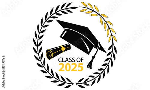 Class of 2025 graduation cap and diploma scroll framed by laurel wreaths symbolizing achievement and academic success in black and gold
