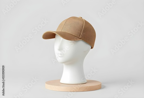 A taupe baseball cap sits atop a white mannequin head, displayed on a light wooden pedestal against a plain backdrop.