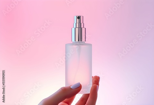 A hand holds a clear spray bottle against a soft pink gradient background.