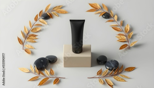 A black cosmetic tube displayed with decorative golden leaves and stones.