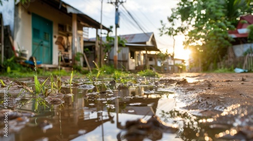 Puddle reflecting houses on a dirt road after rain sunset Reflection Water