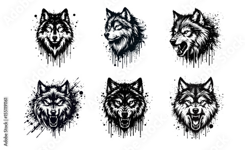 Wolf Angry Silhouette Grunge Splatter and Dripping Spray Effects
