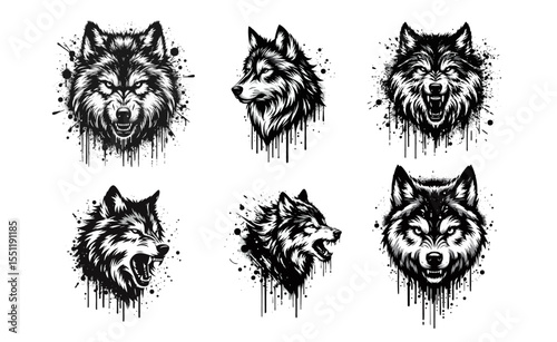 Wolf Angry Silhouette Grunge Splatter and Dripping Spray Effects