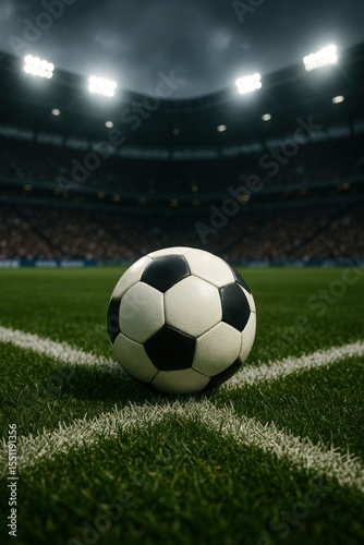Soccer ball on lush green field under bright stadium lights on overcast evening game day