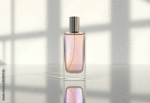 Elegant perfume bottle reflects light on a glass surface, showcasing its iridescent contents.