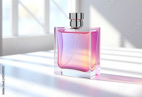 Elegant perfume bottle with a gradient pink and orange liquid, illuminated by sunlight.