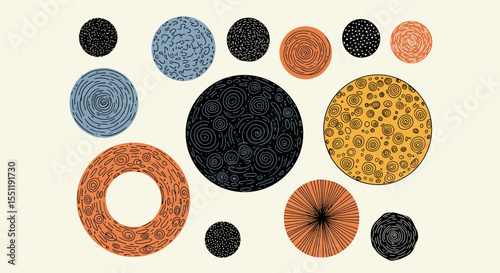 Abstract planets and celestial bodies illustration with doodle and line patterns