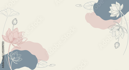 Elegant lotus flower line art with soft pastel shapes background for serene designs