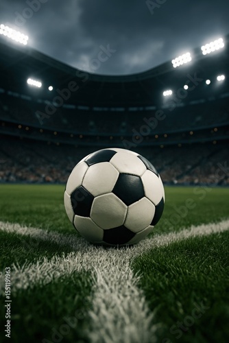 Soccer ball positioned on field under bright stadium lights during night game