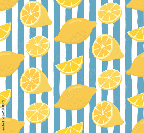 Seamless pattern with yellow lemons and blue stripes. Italian summer background with citrus fruits