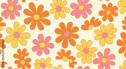 Retro floral pattern design with daisies in shades of orange, pink, and yellow
