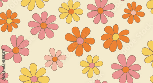 Retro floral pattern featuring pastel hues and seventies-inspired flower shapes