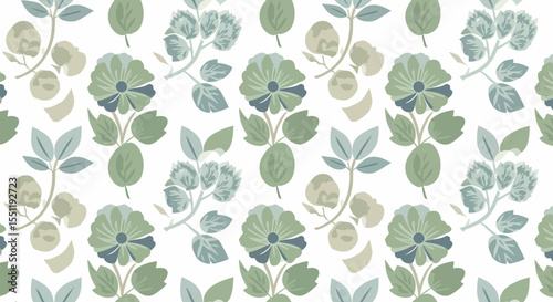 Seamless botanical pattern with stylized flowers and leaves in muted green tones
