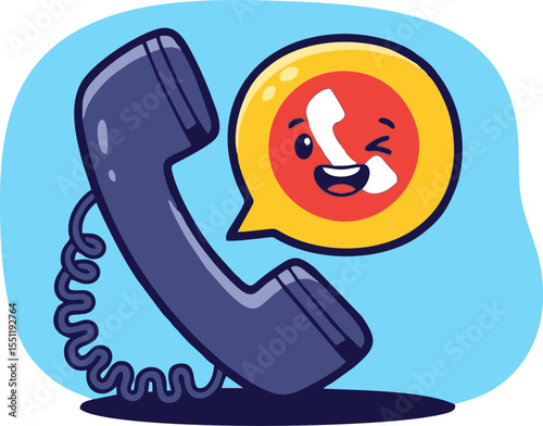 Cartoon Phone with Cord and Winking Phone Icon in Speech Bubble