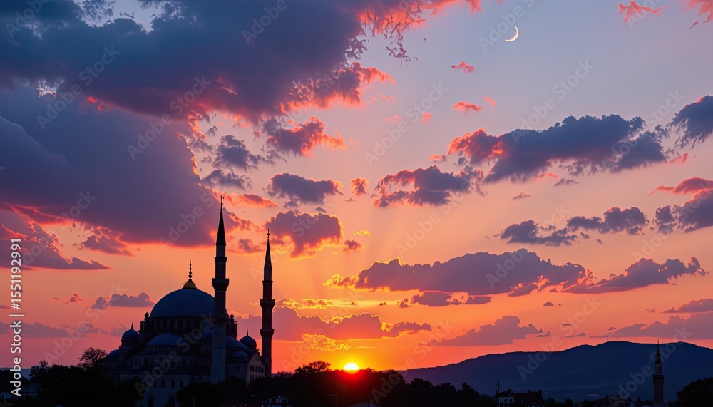 Obraz premium Majestic Sunset Over Mosque Silhouette with Crescent Moon View