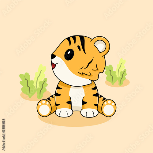 Cute tiger illustration carton hand drawn icon with nature elements isolated