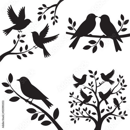 black bird silhouettes perched on branches, perfect for nature art, garden decor, and vector illustration projects