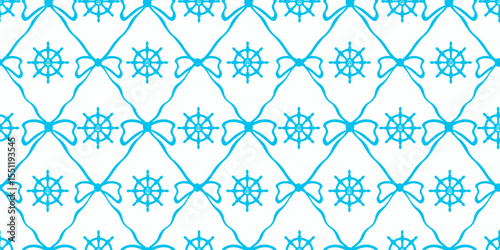 Perfect Summer marine Coquette trellis pattern with Bows ribbons steering wheel. Coquette sea print template design. Summer background for textile fabric wrapping paper print. Vector illustration 